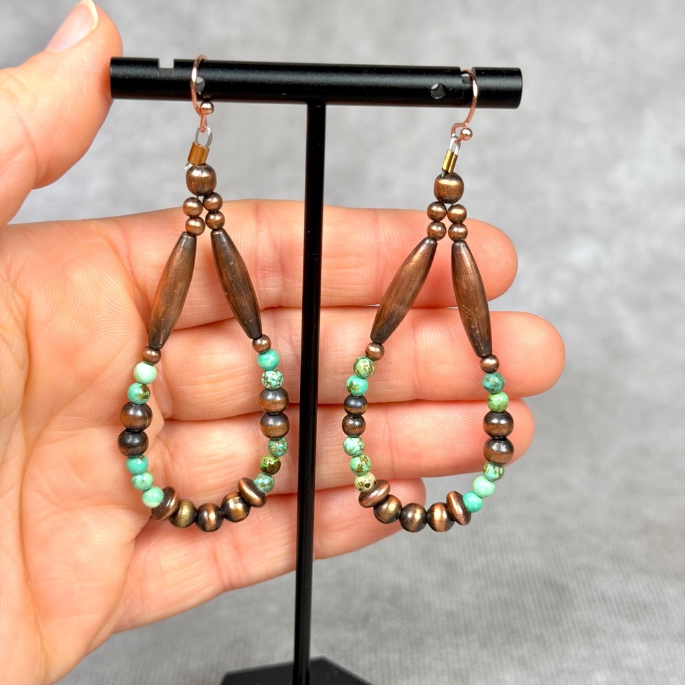 Handmade Turquoise and Copper Teardrop Hoop Dangle Earrings Boho Southwestern